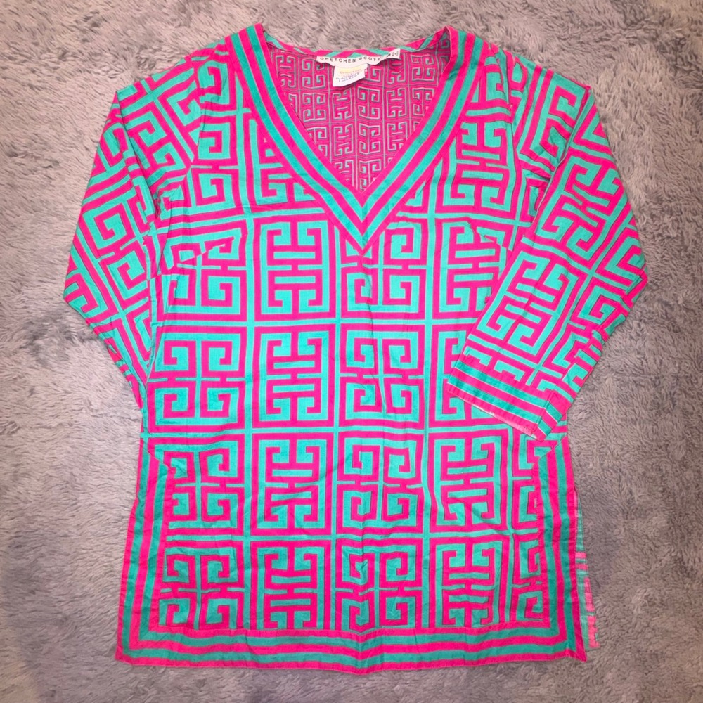 Gretchen Scott Women's Small Pink Turquoise Greek Key V-Neck Tunic Top Resort - Picture 2 of 13